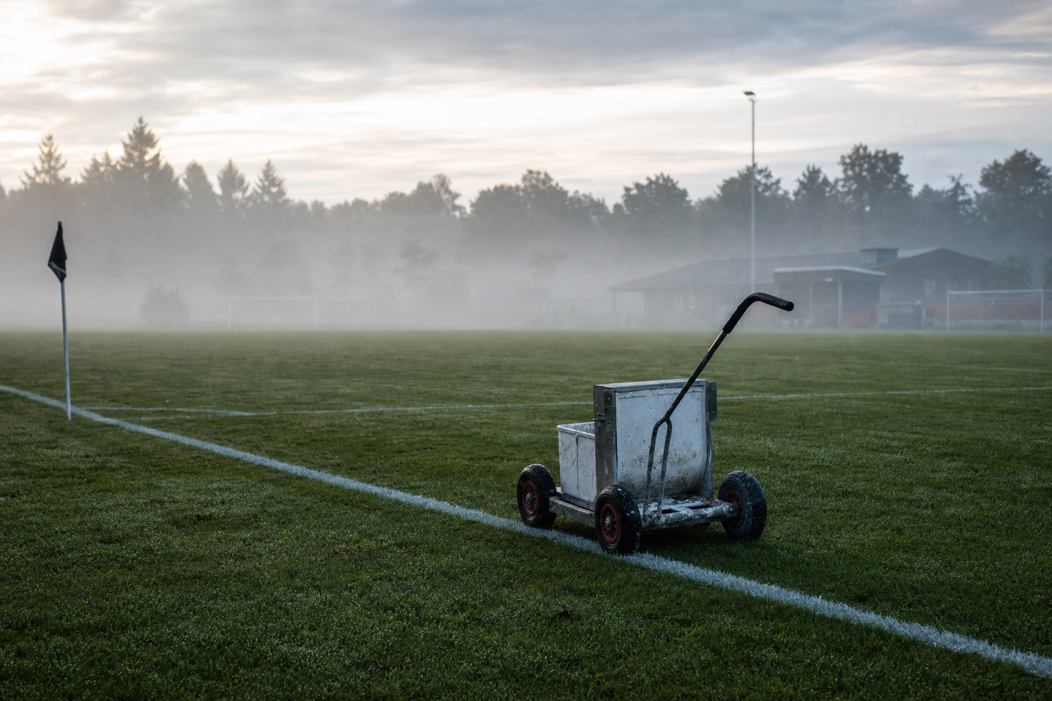Frühmorgendlicher Amateurfußballplatz mit frisch gezogenen Linien und Vereinsheim im Hintergrund
