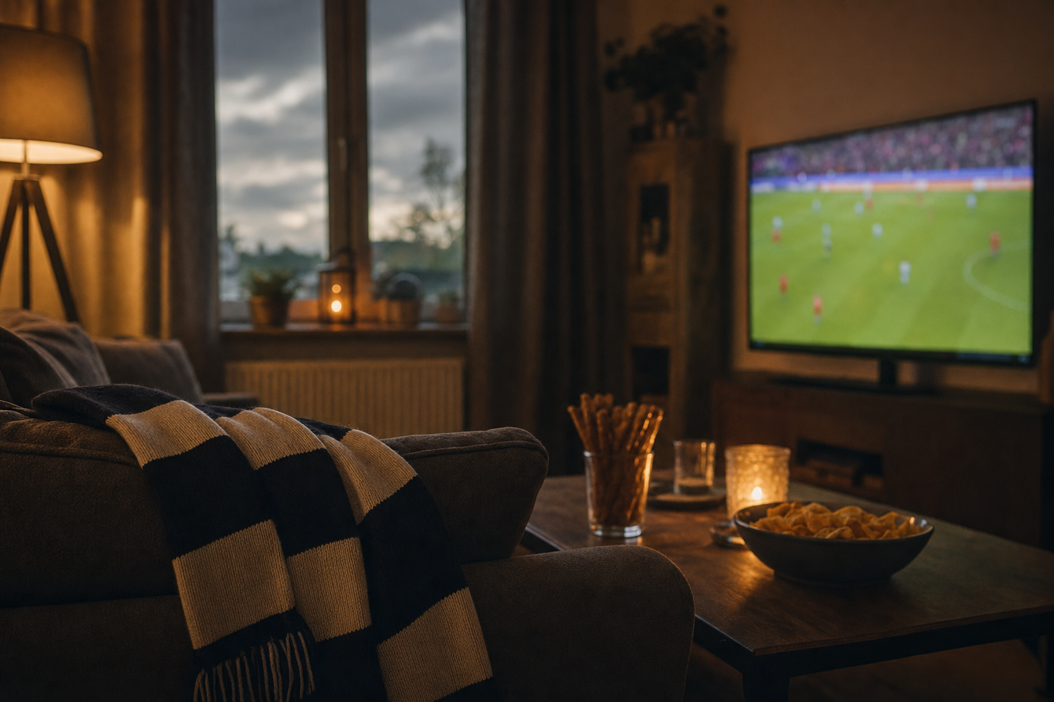 Gemütliches Wohnzimmer am Abend mit Fußballübertragung auf dem Fernseher und Fanschal auf dem Sofa